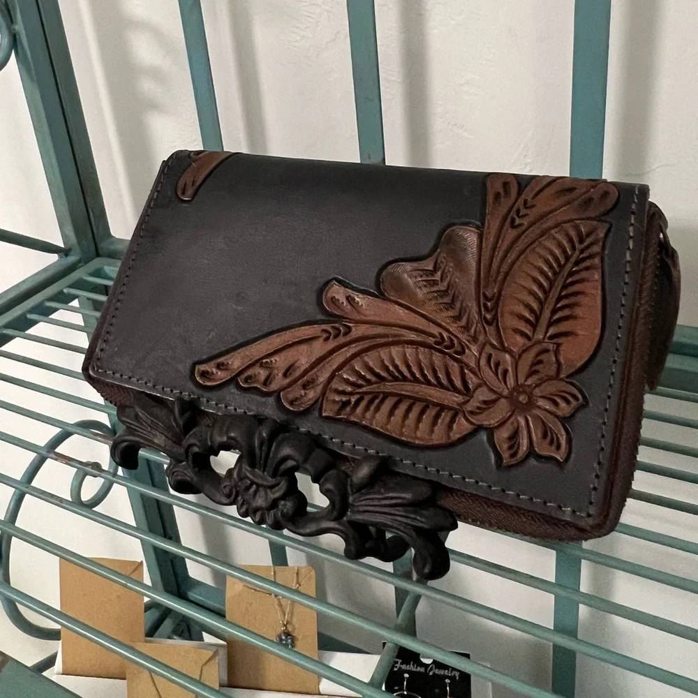 NWT Hand Tooled Leather Wallet Black Brown Floral Western Cowgirl Boho